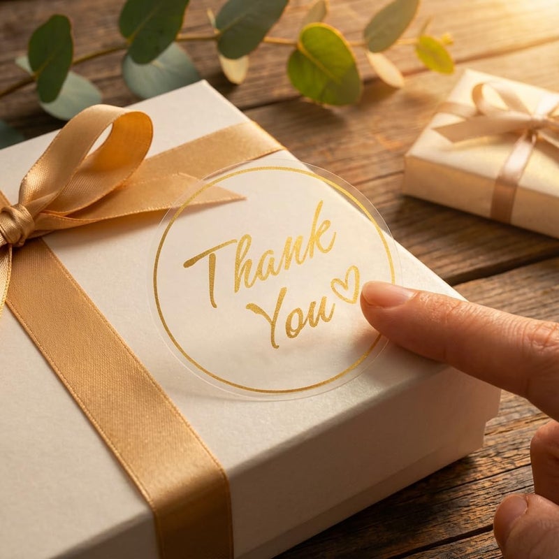 IBAKE 1.5 Inch Clear Thank You Stickers Roll – 500 PCS Gold Foil Script, Waterproof Transparent Adhesive Labels for Small Business Packaging, Gift Bags, Envelopes, Weddings & Events - Image 4
